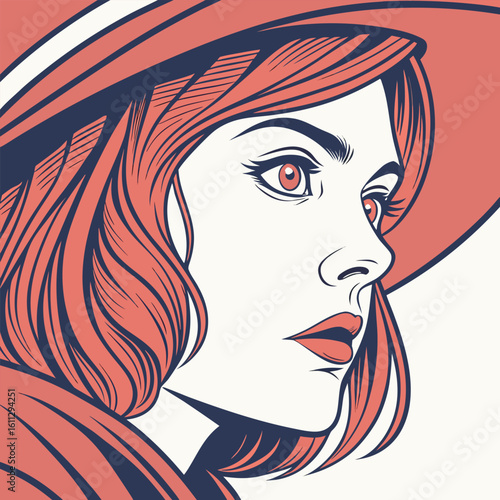 Beautiful fashion illustration of a lady's face with flowing hair, glamorous eyes, and stylish red lips, a stunning vector portrait design