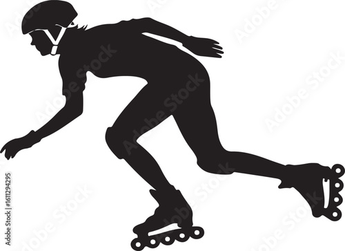 Dynamic silhouette of a person inline skating wearing protective gear on white background