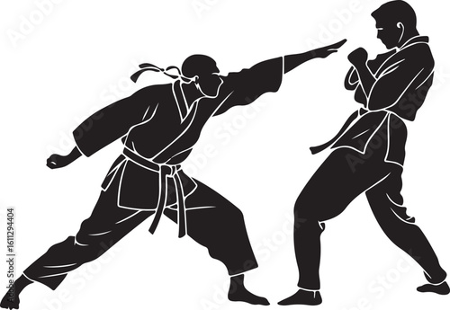 Two karate practitioners engaging in a dynamic martial arts sparring silhouette illustration