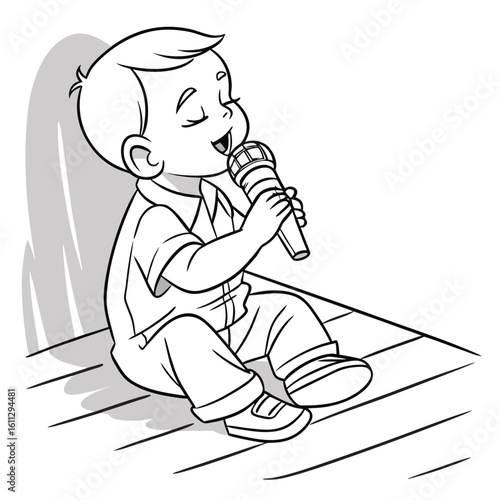 Cartoon illustration of a joyful singer with a microphone, suitable for describing a man, woman, child, or group of people as fun characters in a comic drawing