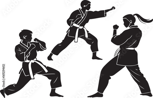 Silhouetted karate practitioners executing martial arts techniques and performing defense moves