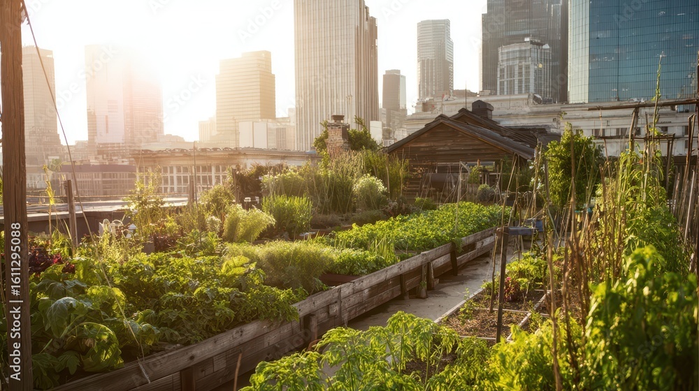 Fototapeta premium Urban rooftop garden amidst city skyscrapers.