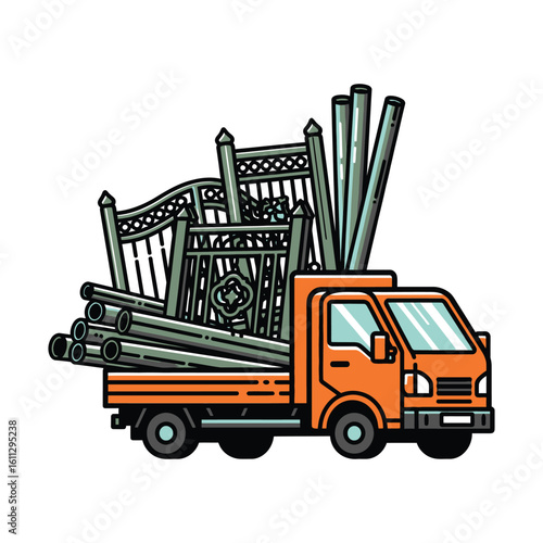 Illustration of an industrial truck transporting newly forged iron gates and metal pipes from a blacksmith's workshop for delivery.