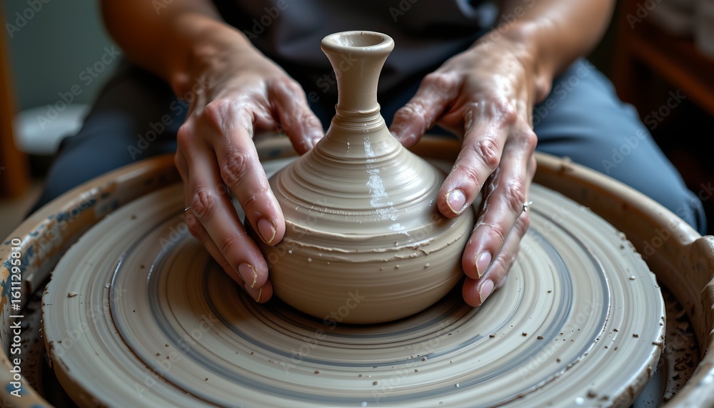 the photo captures an artistic person working at a pottery wheel, shaping a clay vase with their hands the photo captures an artistic person working at a pottery wheel, shaping a clay vase with their hands