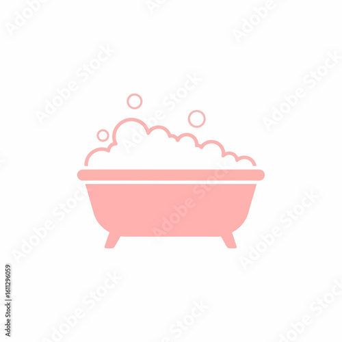 Pink Bathtub Icon with White Bubbles Simple Flat Design Style.