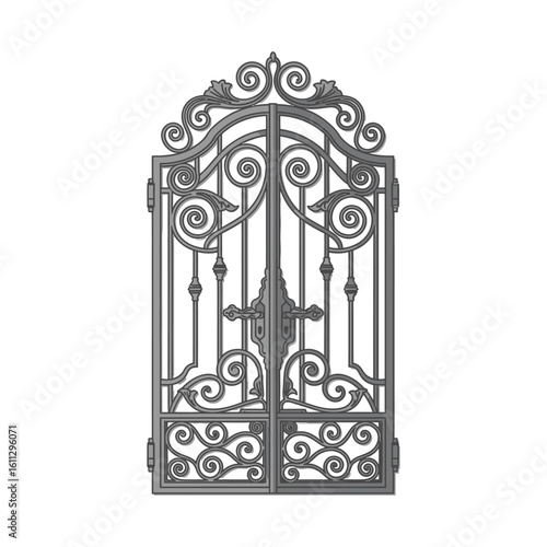 A vintage illustration of a decorative wrought iron gate. Features ornate scrollwork and classic blacksmith craftsmanship, isolated design.