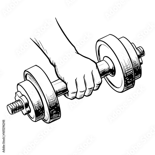 Hand gripping a metal dumbbell for weight training exercise,  transparent background    