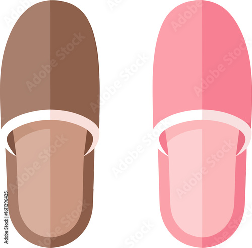 Two Flat Design Slippers One Brown One Pink With White Accents.