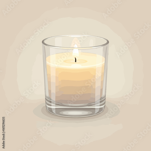 A glowing yellow candle with a bright flame burning inside a simple clear glass tumbler.