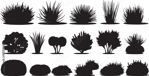 Black Silhouette Bushes, Plants, Shrubs Vector Graphics Collection