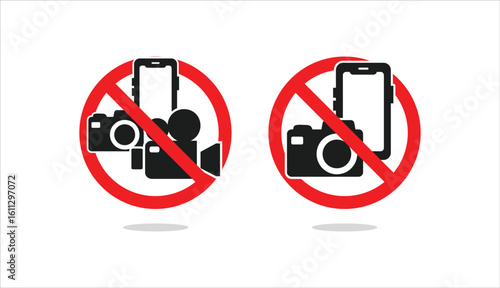 Set of no Photographing prohibition sign symbol icon. Video, photo, phone, prohibited logo pictogram. Vector illustration. Isolated on white background.