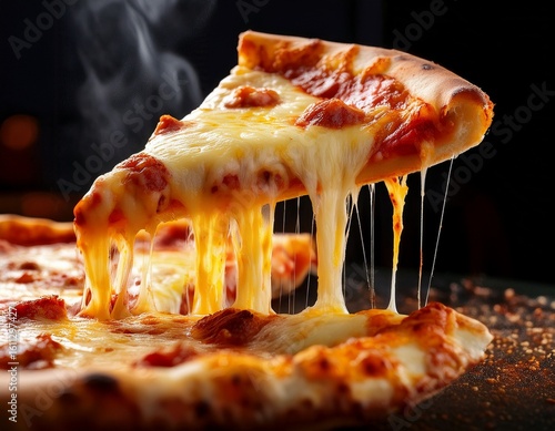 a cheesy pizza slice being lifted with gooey melted cheese stretching between slices