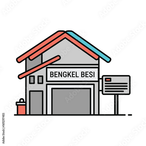 Metalworking workshop building icon, a vector illustration of a traditional blacksmith shop or modern iron fabrication business.