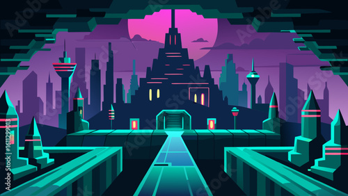 Urban people gather under the night sky near the silhouette of the Cathedral of Our Lady of God within a modern downtown cityscape featuring a skyscraper skyline and architectural towers