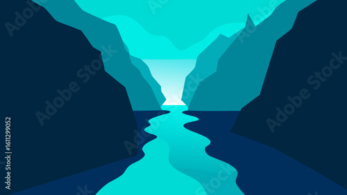 A silhouette of the world in the sky overlooks a majestic nature landscape where a waterfall cascades down mountain rocks into a river flowing through a lush green forest