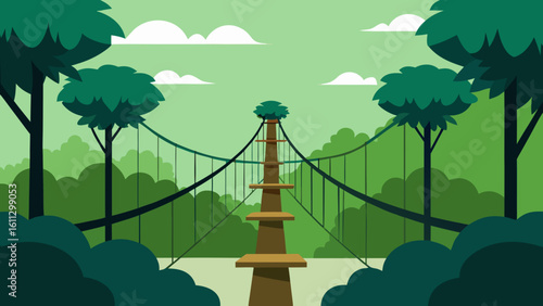 Vector illustration of a church overlooking a suspension bridge and river within a European city landscape featuring a landmark road and park by the sea bay