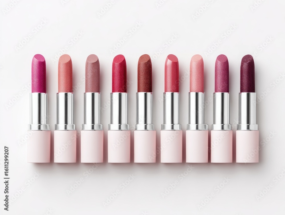 Obraz premium Row of various shades of lipstick in light pink cases