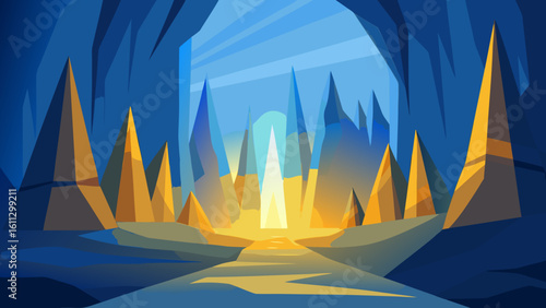 Vector art design of a nature landscape featuring a snowy winter forest and mountain peaks reflecting a colorful sunset over the sea for a Christmas holiday celebration card concept