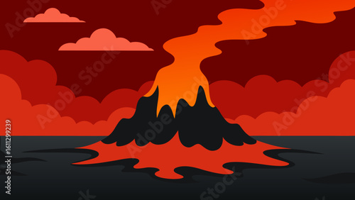 Vector illustration of a red and orange fire on the beach reflecting on the sea water under a sunset sky with silhouettes of mountains and clouds at dusk