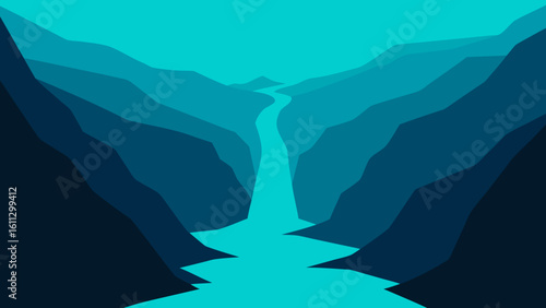 Sunrise bathes a beautiful mountain landscape in blue, as a majestic waterfall cascades into a misty river valley under a vast sky