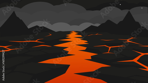 A vibrant vector illustration of a mountain sunset, with an orange and red sky ablaze with light as dusk settles over the dark landscape