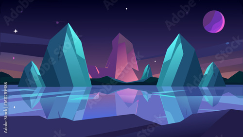Night city skyline illustration with stars, mountains, and a moonlit sea