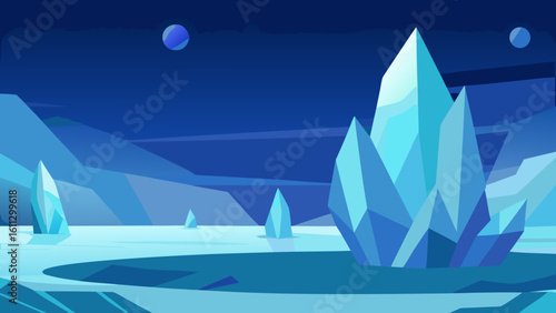 Winter vector illustration of a night city landscape with moonlit mountains and a serene sky