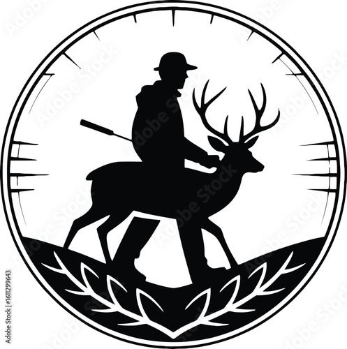 Hunter and deer silhouette emblem with crosshairs