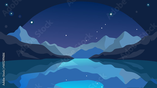 Christmas night winter landscape with snow mountains and moon