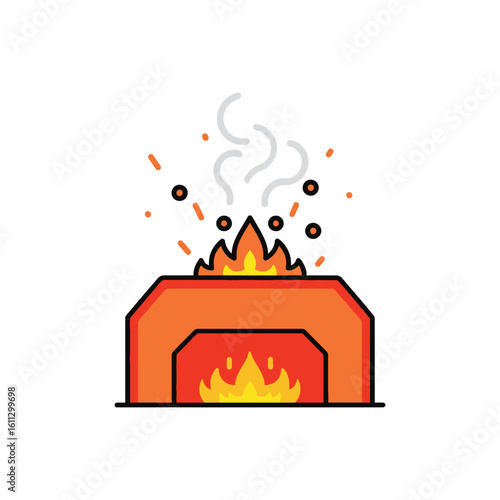 Blacksmith forge icon with burning fire and hot sparks. Vector illustration of a furnace for metalworking and crafting, isolated on a white background.