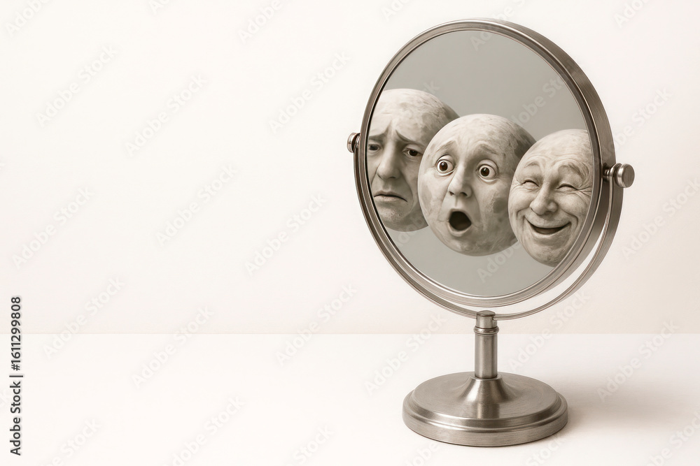 Naklejka premium Reflection of different emotions on the surface of the moon in a mirror. Space for text.