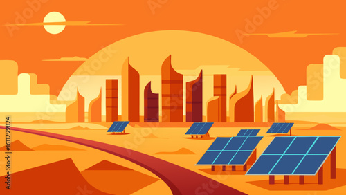 Solar power station with panels along a city road, illustrating a new urban energy concept under the skyline at sunset