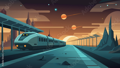 Fast metro train in motion on a city platform at night, a blur of light and speed on the urban railway