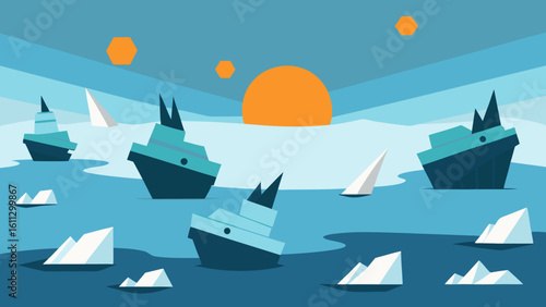 Paper plane boat vector illustration on the summer sky, an ocean cruise business travel