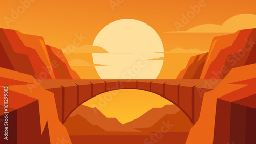 Desert sunset landscape with mountains and an orange sky