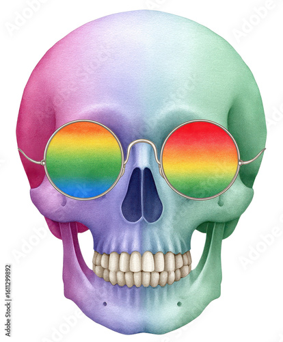 Colorful skull with rainbow sunglasses showcasing a vibrant artistic design and symbolizing diversity and creativity