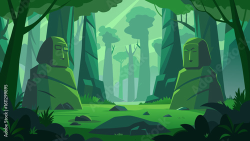 Vector illustration of a vibrant green city landscape with trees and buildings under a summer sky, blending urban architecture with nature's ecology