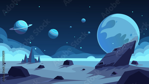 Moonlit winter night sky with stars over a dark nature landscape