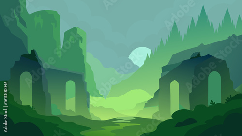 Ancient stone castle with towers nestled in a green forest landscape under a summer sky