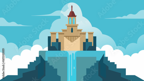 Vector illustration of a city skyline with buildings, a church, and a temple, capturing the iconic architecture of a Greek town