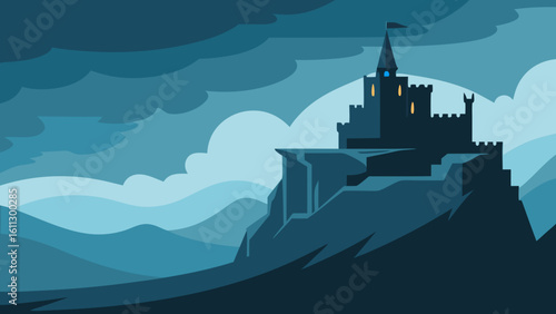 Medieval castle silhouette on a moonlit mountain landscape with clouds and a distant town