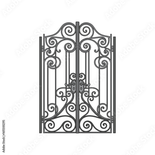 Ornate wrought iron gate with intricate scrollwork. Vintage metalwork by a skilled blacksmith. Decorative entrance vector illustration.