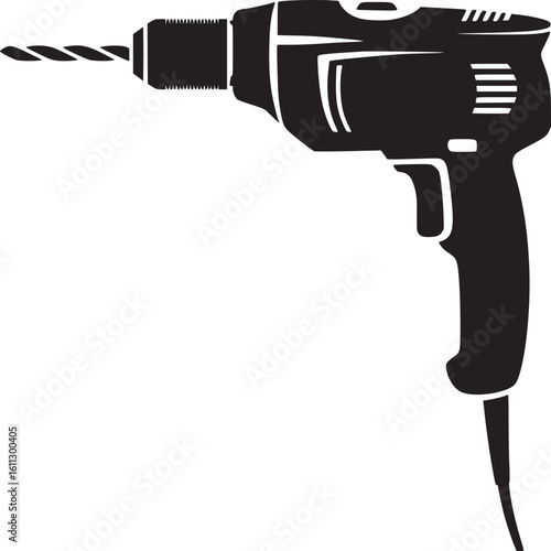 Illustration of a black cordless drill with a drill bit against a white background in vector format