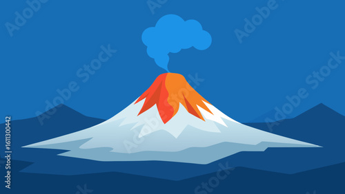 Snow-capped Mount Fuji volcano peak with clouds in the sky, a panoramic view of the Japanese volcanic island landscape