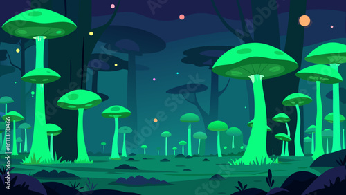 Mushrooms of diverse fungi, including red toadstools and green grass varieties, thrive throughout the magical forest and wild woods