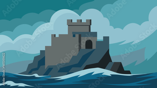 Majestic castle towers overlook the Mediterranean coast, an island landscape where ancient architecture meets the summer sky, clouds drifting over the sun-drenched beach and ocean