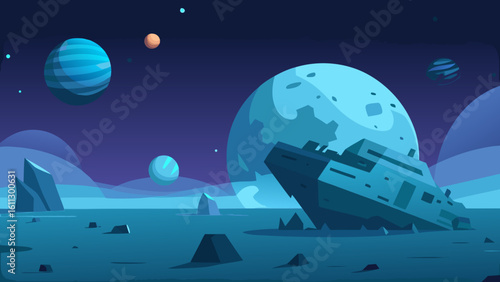 Dark blue night sky vector illustration with a glowing UFO spaceship above a tranquil ocean, reflecting the moonlight and distant stars