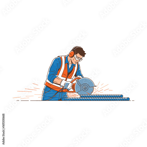 An illustration of a professional ironworker wearing safety gear while cutting steel reinforcement bars with a circular power saw and sparks.