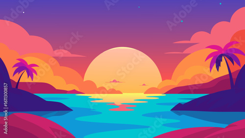 Warm sun descends over the tropical beach, painting the sky and ocean in fiery orange and red hues as waves gently touch the sandy coast