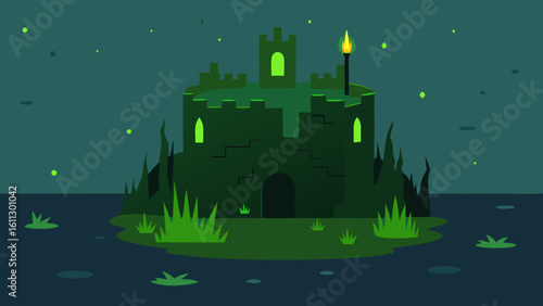 Dark castle silhouette on a moonlit hill, a spooky illustration for Halloween night